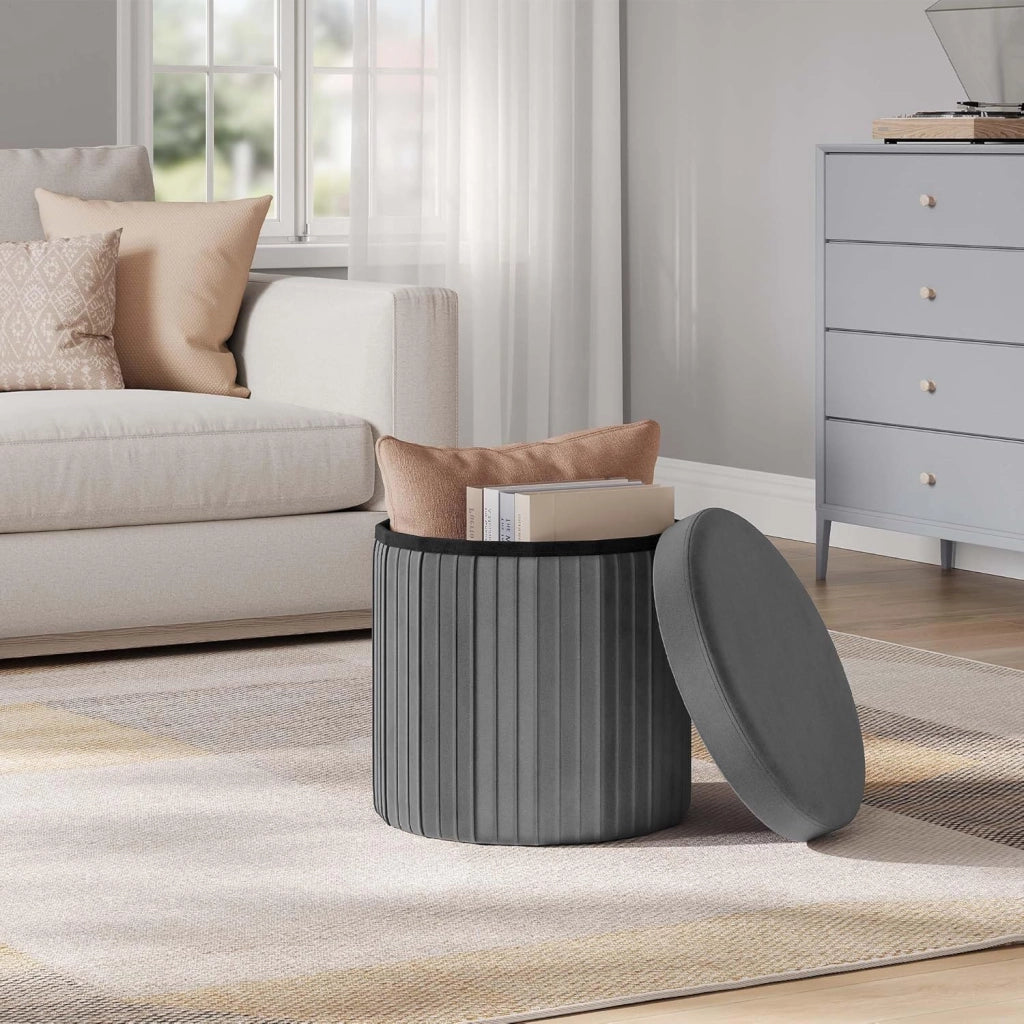 Pouf Sgabello con Contenitore Rotondo, Poggiapiedi per Divano, Pouf Basso Pieghevole, per Soggiorno, Camera da Letto, in Velluto, φ38xH36cm, Grigio Scuro