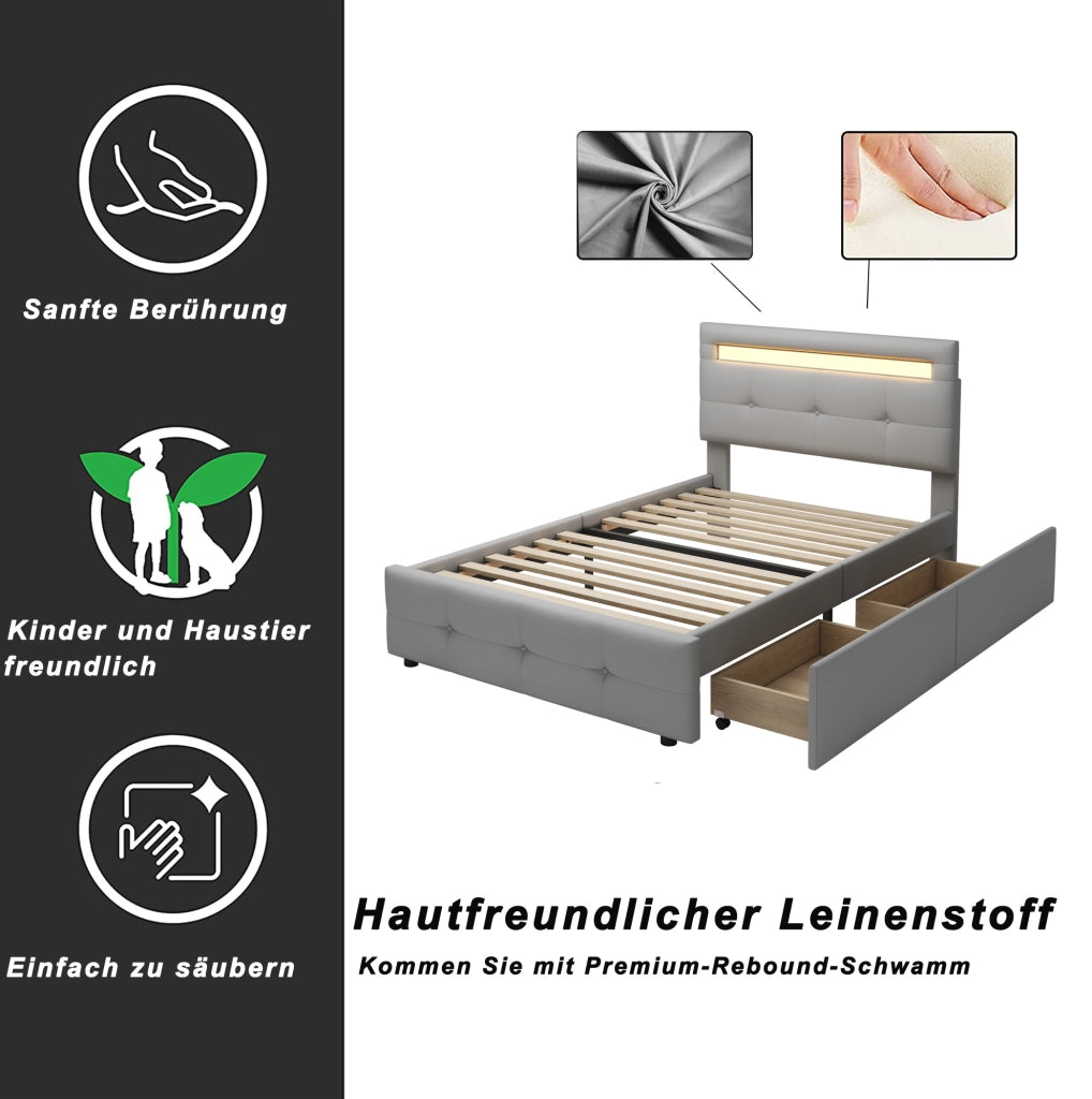 Letto singolo 90x200 cm imbottito con LED e 2 cassetti; grigio