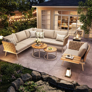 OKWISH Set da 5 Salotto da Giardino con 2 Divani, Poltrona e 2 Tavolini, Cuscini, Ferro Beige