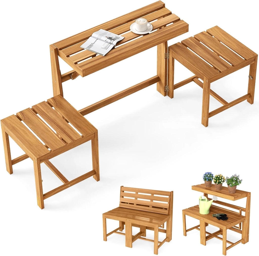 Panca Esterno Trasformabile 3 in 1, Panchina Giardino in Legno di Acacia con Schienale, Set Mobile Esterno con Tavolino e 2 Sedie, Supporto Piante per Terrazzo, Patio e Balcone