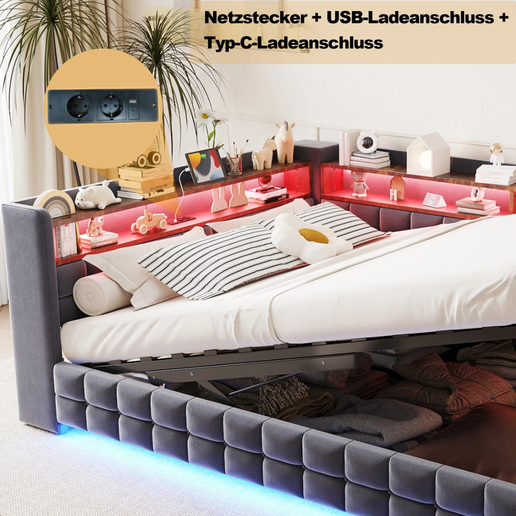 Letto contenitore matrimoniale 140×200 cm con LED; USB; Type-C e ripiani; senza materasso; grigio