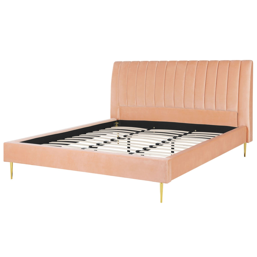 Letto imbottito velluto pesca e oro rete a doghe testiera alta 180 x 200 cm testata alta design retrò