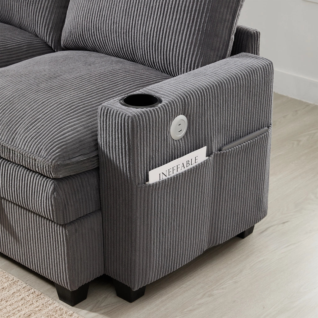 Divano Angolare Modulare con Poggiapiedi ¨C MINIMAL ¨C Tessuto a Coste, Grigio, USB, Contenitore