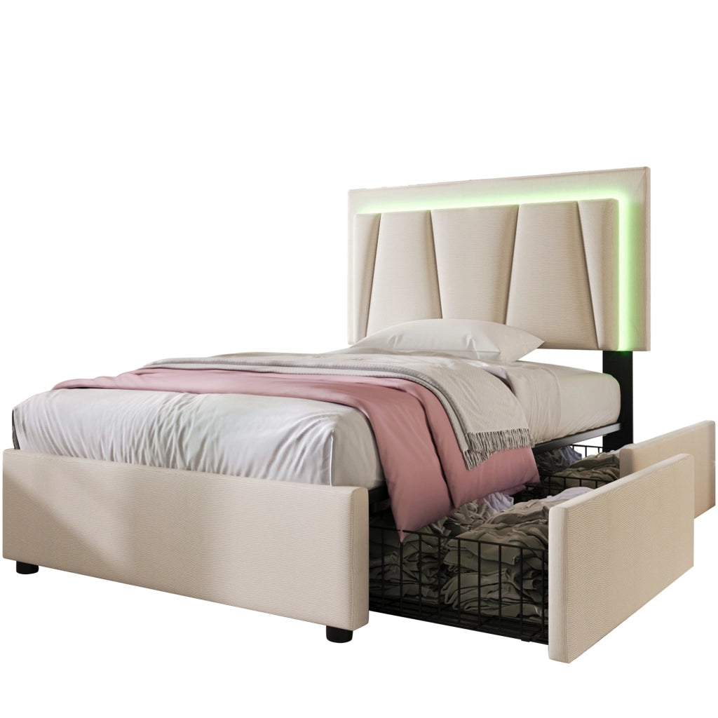 Letto singolo imbottito 90x200 cm con LED; 2 cassetti e testiera regolabile; beige