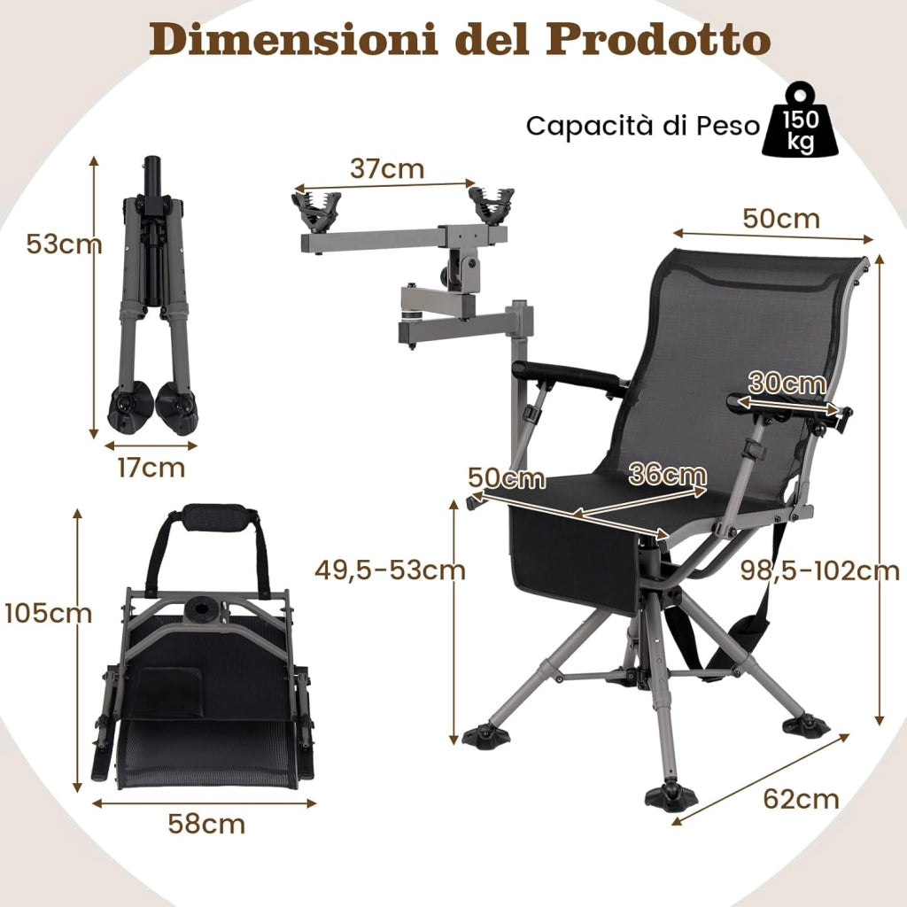 Sedia da Caccia Portatile, Sedia da Tiro con Rotazione a 360°, Poltrona a Caccia Pieghevole con 4 Gambe e Braccioli Regolabili, Supporto per Fucile, Portata 150 kg