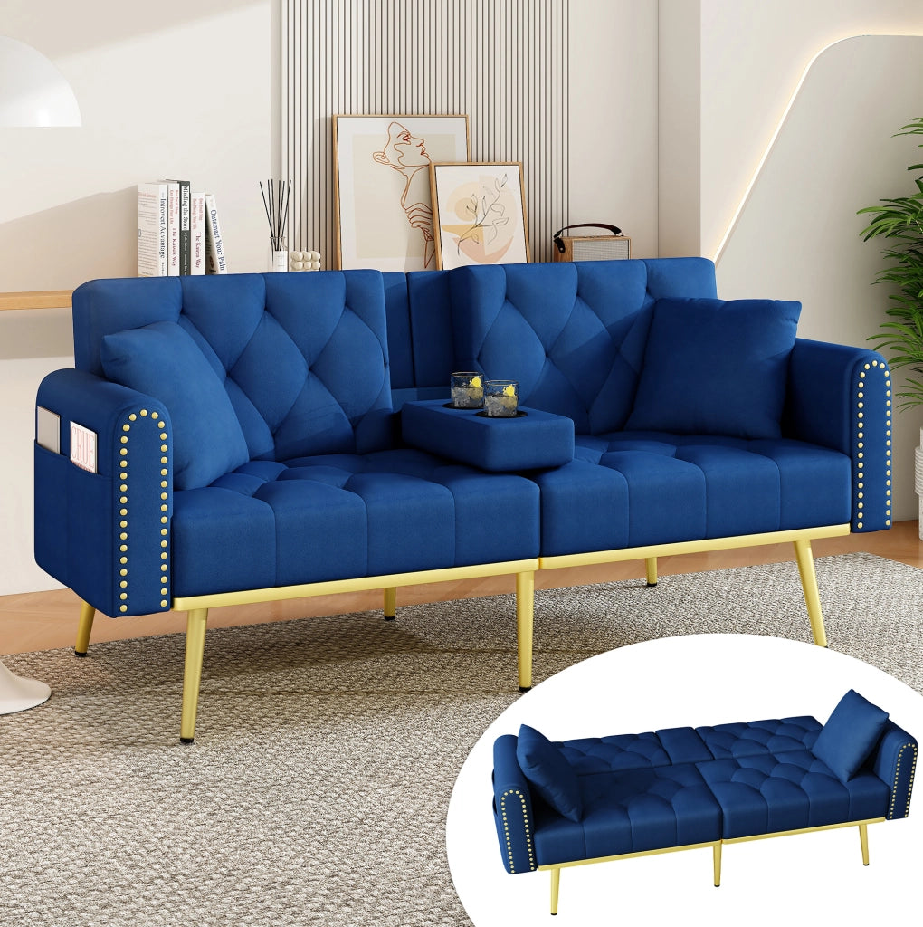 Divano letto multifunzione 175x80x73;5 cm in velluto blu con schienale regolabile