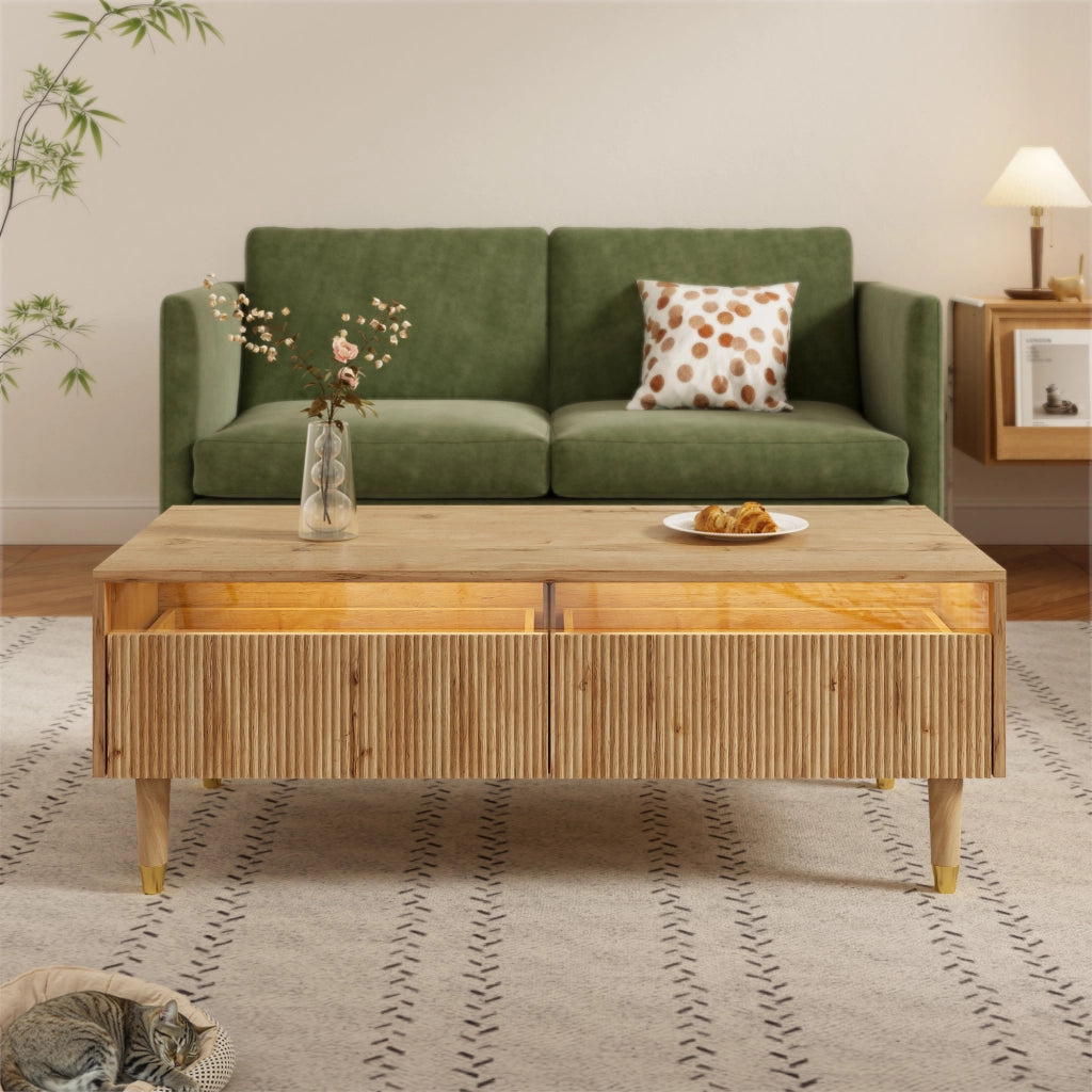 OKWISH Tavolino da Salotto Moderno con 2 Cassetti, LED Multicolore, Frontali Ondulati, per Soggiorno, MDF, Legno, 110 × 50 × 40 cm
