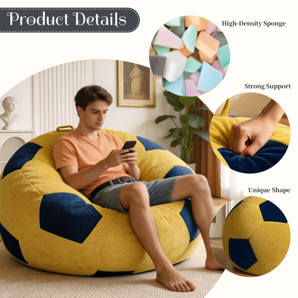 Poltrona pouf rotonda in flanella con imbottitura in schiuma granulare a rimbalzo alto blu e giallo