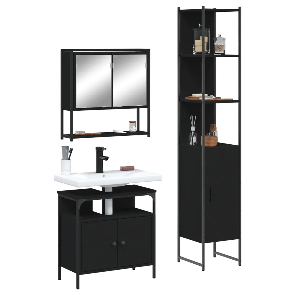 Set Mobili da Bagno 3 pz Nero in Legno Multistratocod mxl 115262