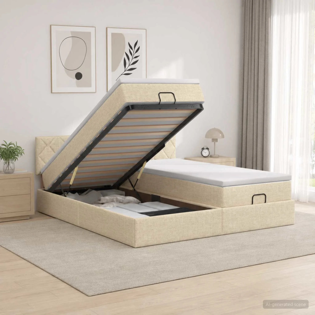 Letto Ottomano con Materasso e LED Crema 180 x 200 cm Tessuto 3457299