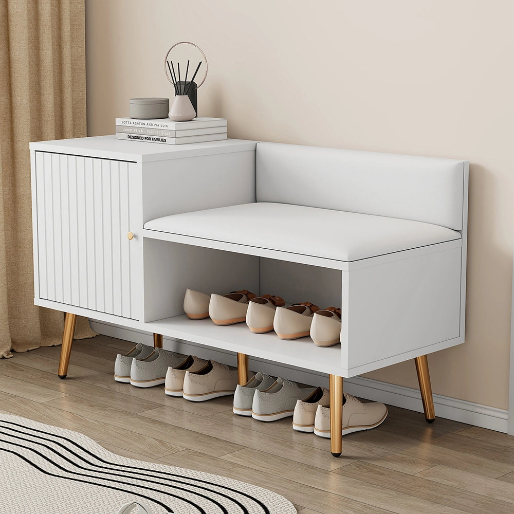 Scarpiere moderna e lussuosa - Xylo - 100x40x58 cm - Bianco - Con ripostiglio, panca imbottita e schienale