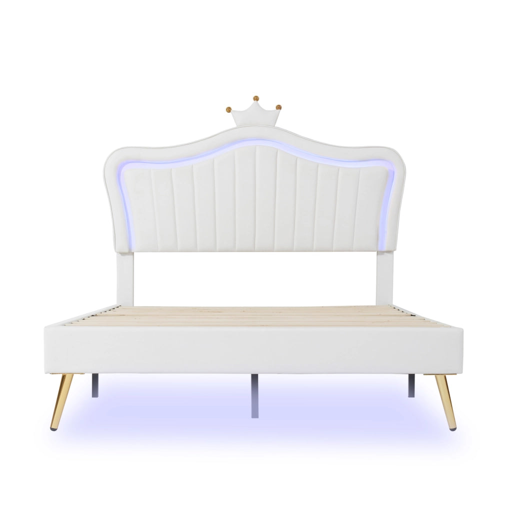 Letto imbottito per bambini 140x200 cm bianco con testiera a conchiglia, corona e LED