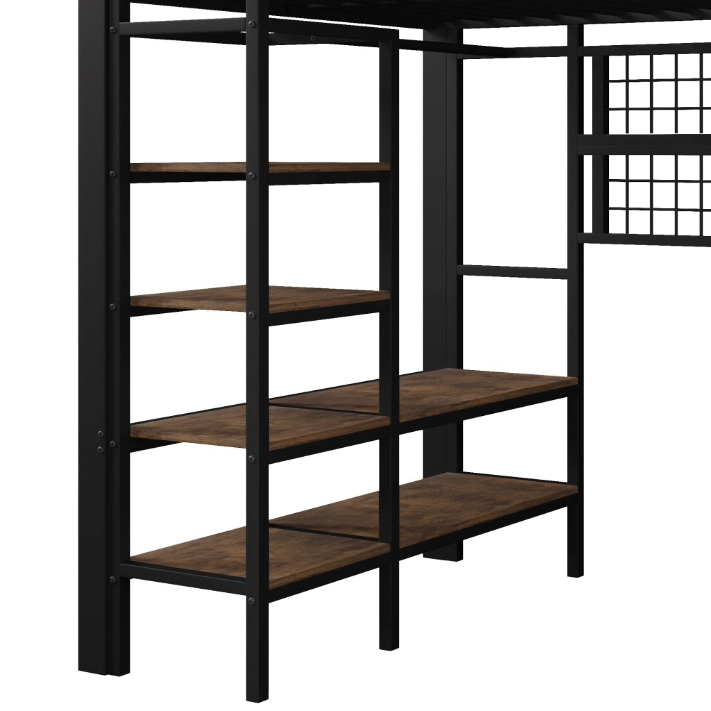 LETTO a soppalco 140x200 cm in Metallo e MDF Nero con LED e vano a giorno