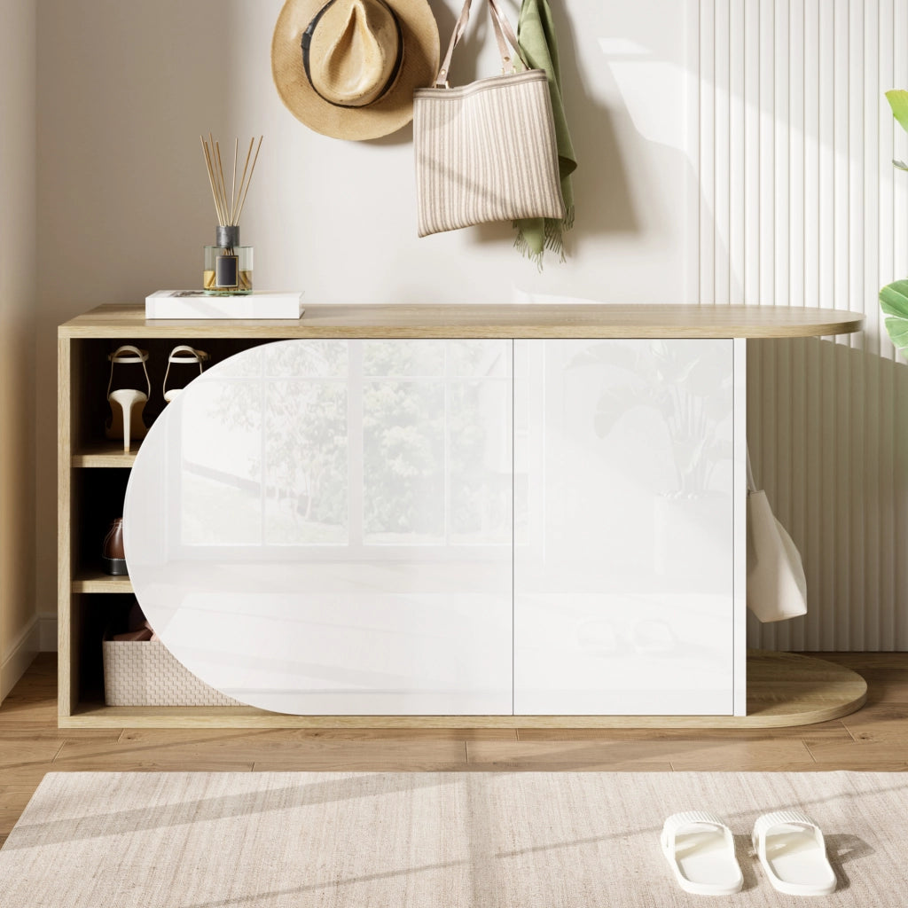 Scarpiera con seduta bianco lucido ed effetto legno 104x37x50 cm
