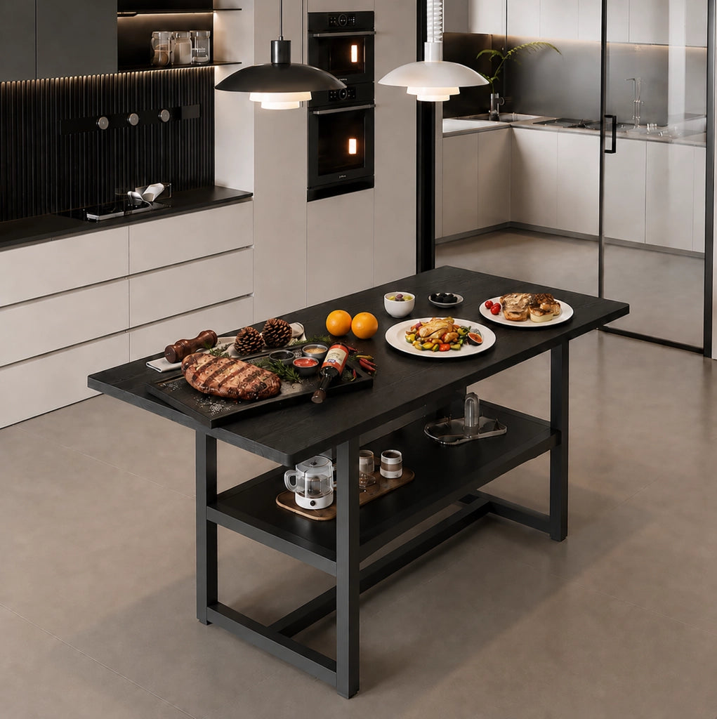 Tavolo da pranzo 160 cm nero MDF e metallo con ripiano integrato