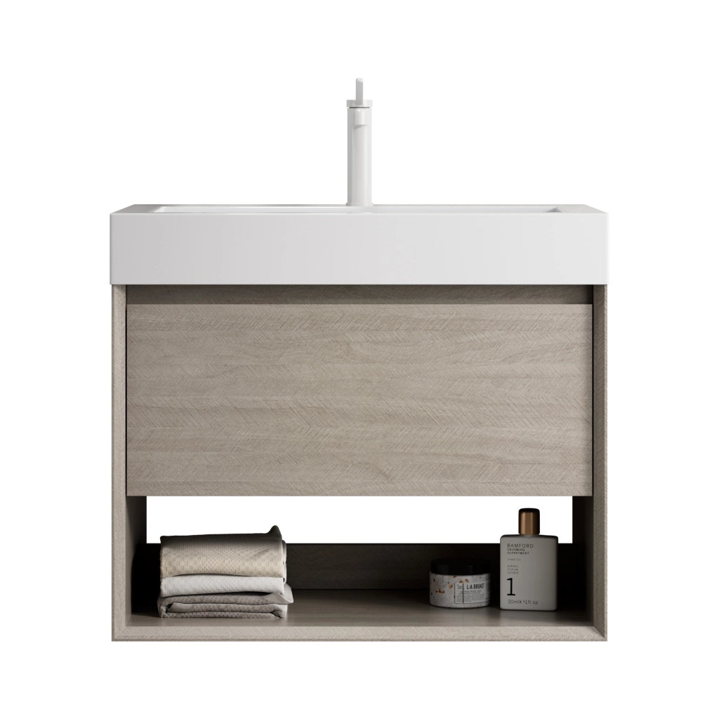 Mobile Bagno Sottolavabo con Lavabo Integrato ¨C MINIMAL ¨C Rovere Chiaro, 70cm, Cassetto, Ripiano, Multistrato