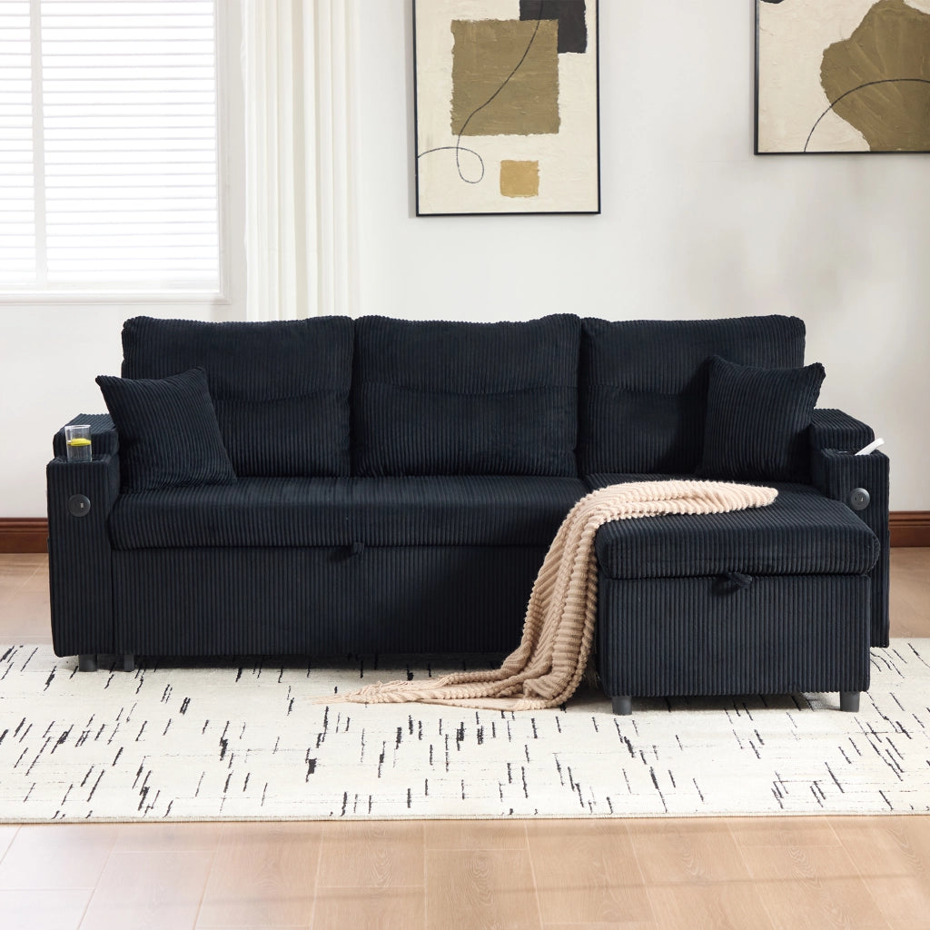 Divano angolare convertibile con chaise longue idraulica, letto estraibile, USB-C e vano contenitore in corda nero
