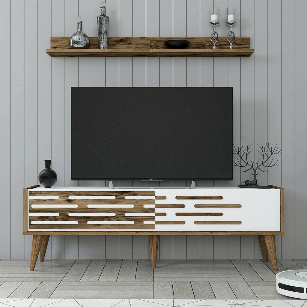 Mobile porta TV Arsiero, Credenza da soggiorno, Armadio basso per TV, Base parete attrezzata, 140x45h35 cm, Noce e Bianco