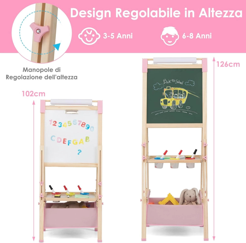 Cavalletto per Bambini Regolabile in Altezza in Legno, Cavalletto a Doppio Lato con Lavagna Magnetica e Bianca, con Scatola, Magneti con Lettere e Numeri, per Bambini 3-8 Anni (Rosa)