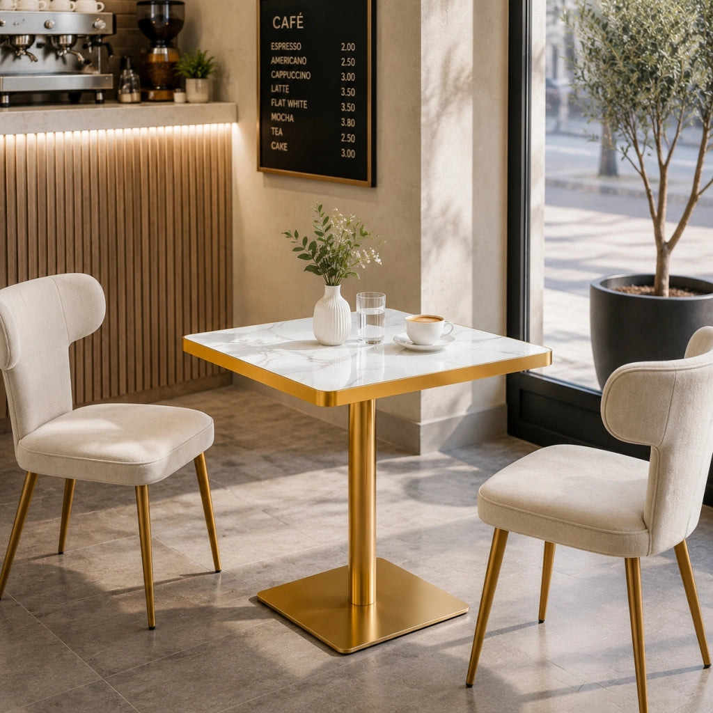 Tavolo da pranzo per 2-4 persone con piano quadrato effetto marmo e bordo oro, struttura in metallo, bianco