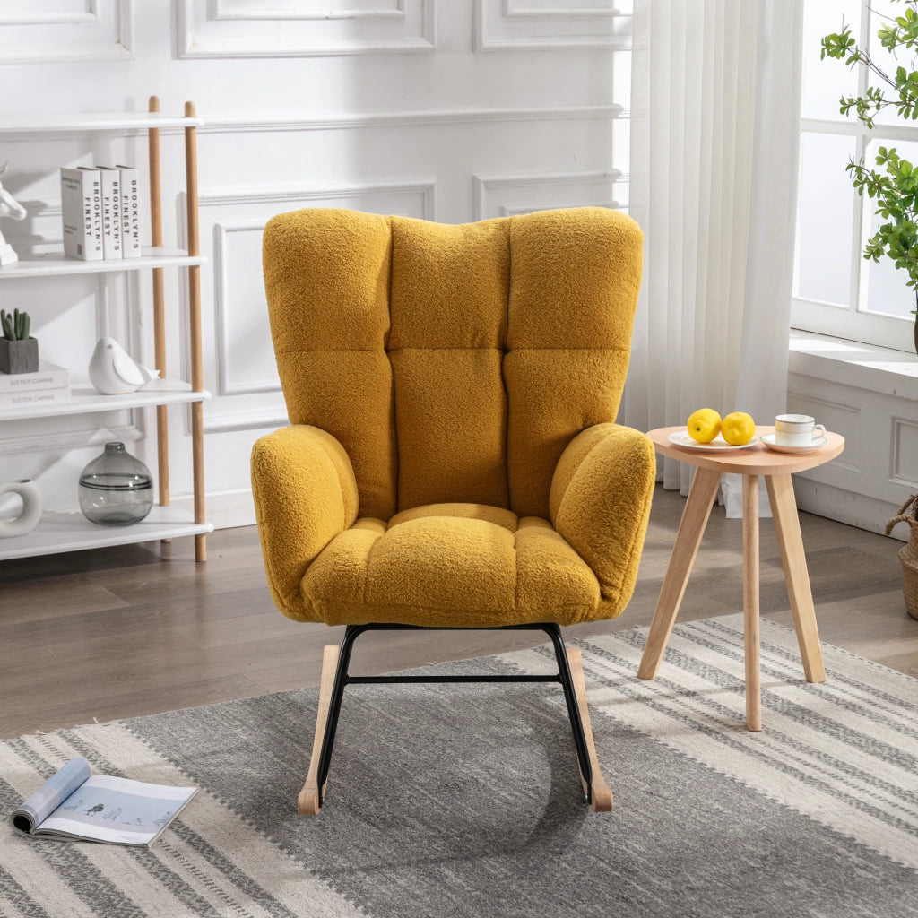 OKWISH Poltrona a Dondolo, Schienale Alto Ergonomico e Braccioli Imbottiti, Base in Legno e Metallo, Teddy Giallo 80 x 70 x 95 cm