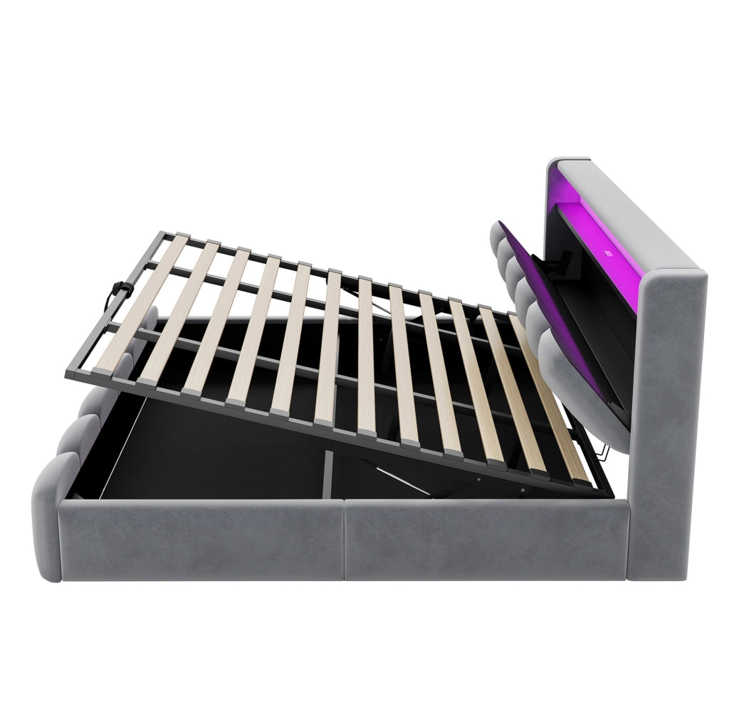Letto matrimoniale imbottito 180x200 cm in velluto grigio con LED; USB; Type-C e contenitore