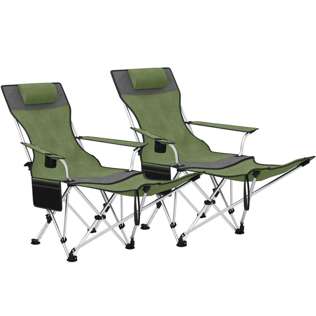 Set 2 Sedie da Campeggio 82x50-100x88 cm Pieghevoli con Poggiapiedi e Portabicchieri in Tessuto Oxford Verde