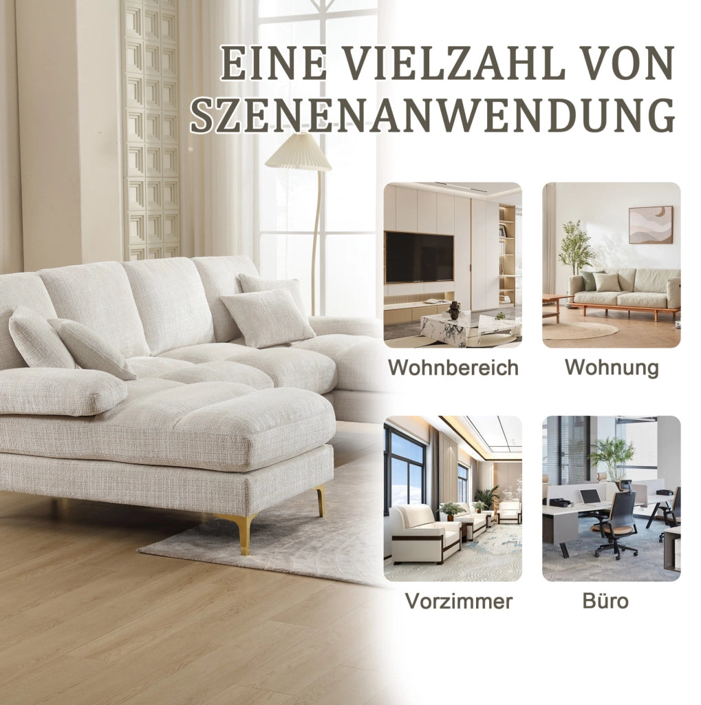 Divano componibile a U in chenille beige con doppia chaise longue