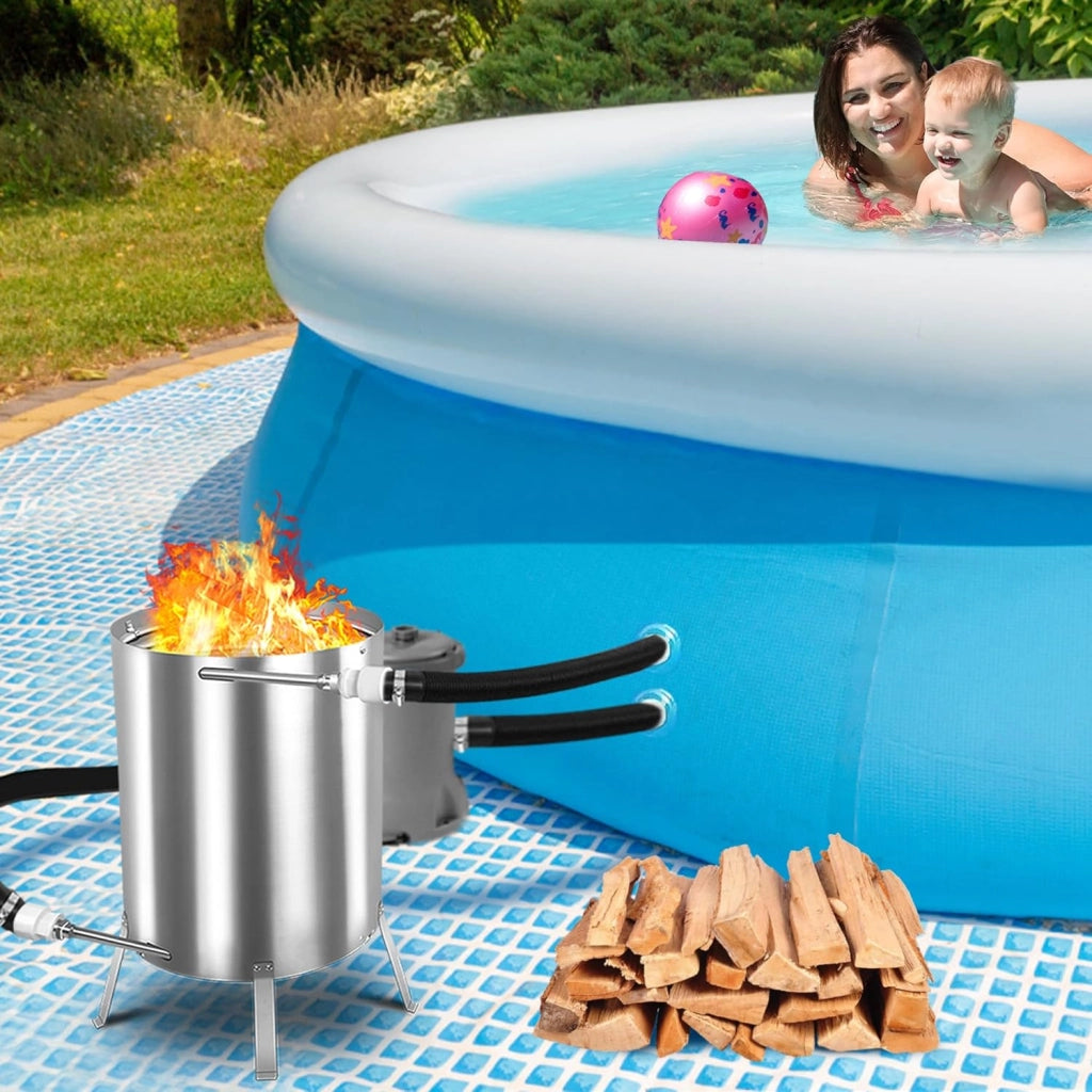 Riscaldatore per piscina, in legno, con fuoco, in acciaio inox, con spirale di riscaldamento, tappetino ignifugo e vassoio per piscina