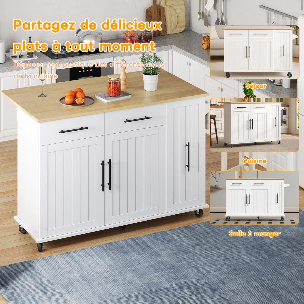 Carrello da Cucina con 2 Cassetti; Vano Estraibile a 3 Livelli; Piano Ribaltabile e Ruote; 120 x 40(65) x 90 cm