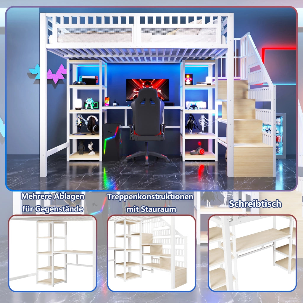 Letto a castello bianco con funzione scrivania e illuminazione LED in metallo 140x200 cm