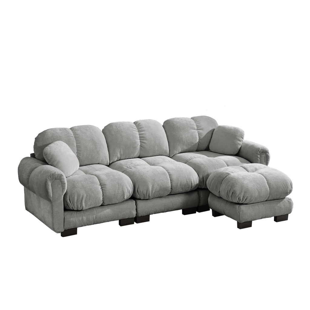 Divano angolare modulare con pouf mobile e cuscino di supporto; seduta trapuntata in chenille grigio chiaro
