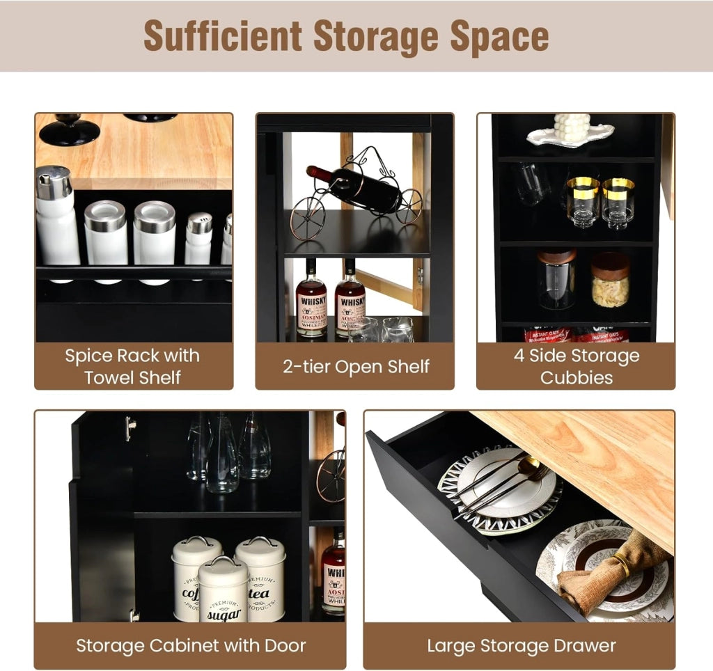 Carrello da Cucina a Isola in Legno, Carrello di Servizio con Piano di Lavoro Estraibile, Mobile da Cucina con Cassetto, Ripiano Regolabile, Carrello da Cucina a Isola (Nero)