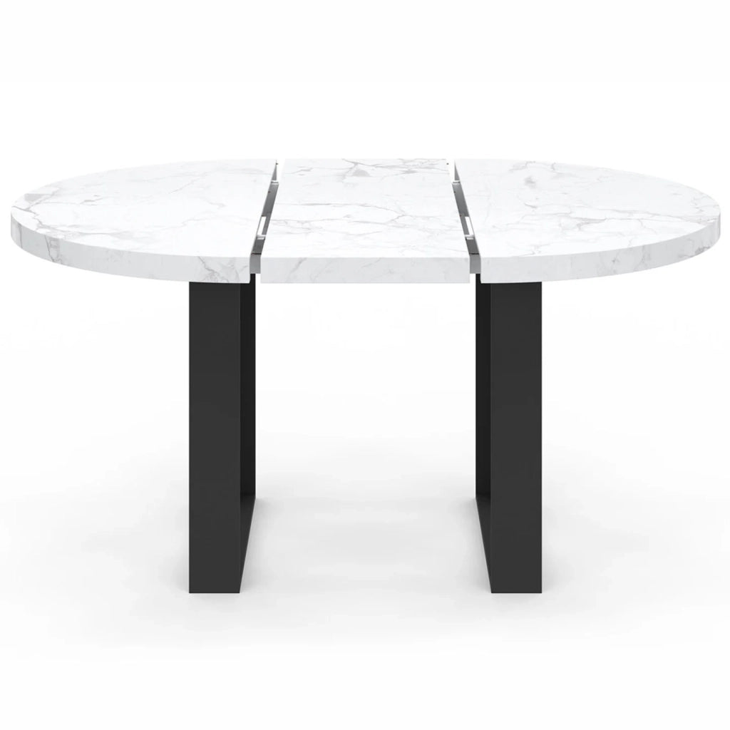 IDMarket - Tavolo da pranzo rotondo allungabile PHOENIX 4-6 persone con piano effetto marmo bianco ALASKA 110-150 cm