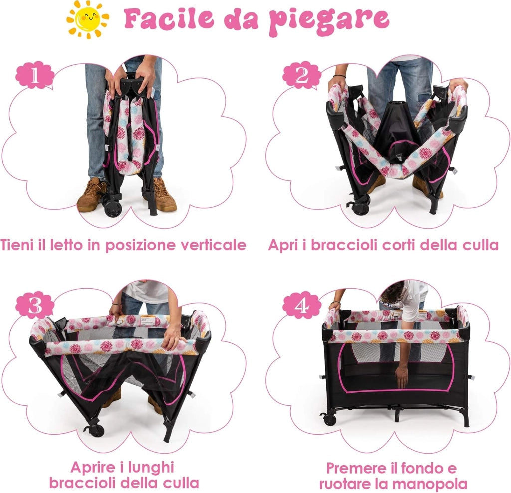 3 in 1 Lettino da Campeggio per Bambini, Culla per Neonati con Materasso Pieghevole, Fasciatoio, Giocattoli e Ruote, Box per Bambini 0-36 Mesi, 107 x 72 x 119 cm (Rosa)