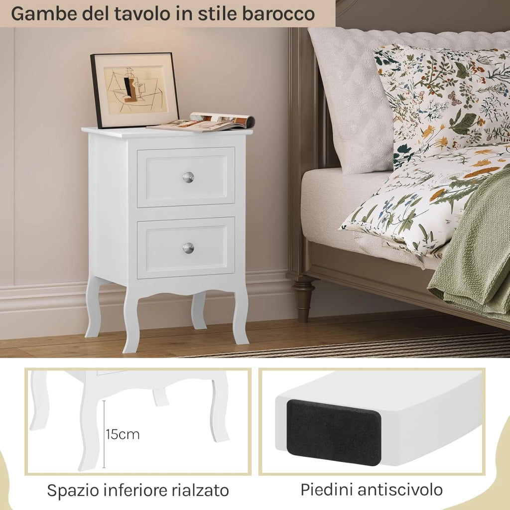 Set di 2 Comodini Shabby Chic Bianchi con 2 Cassetti per Camera da Letto Comodino da Notte in MDF 40x30x60cm TS119ws