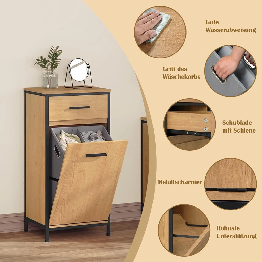 Mobile da Bagno Con Cassetto e Sacco per la Biancheria, Struttura in Metallo e MDF, Rovere Chiaro + Nero, 38x34x80 cm