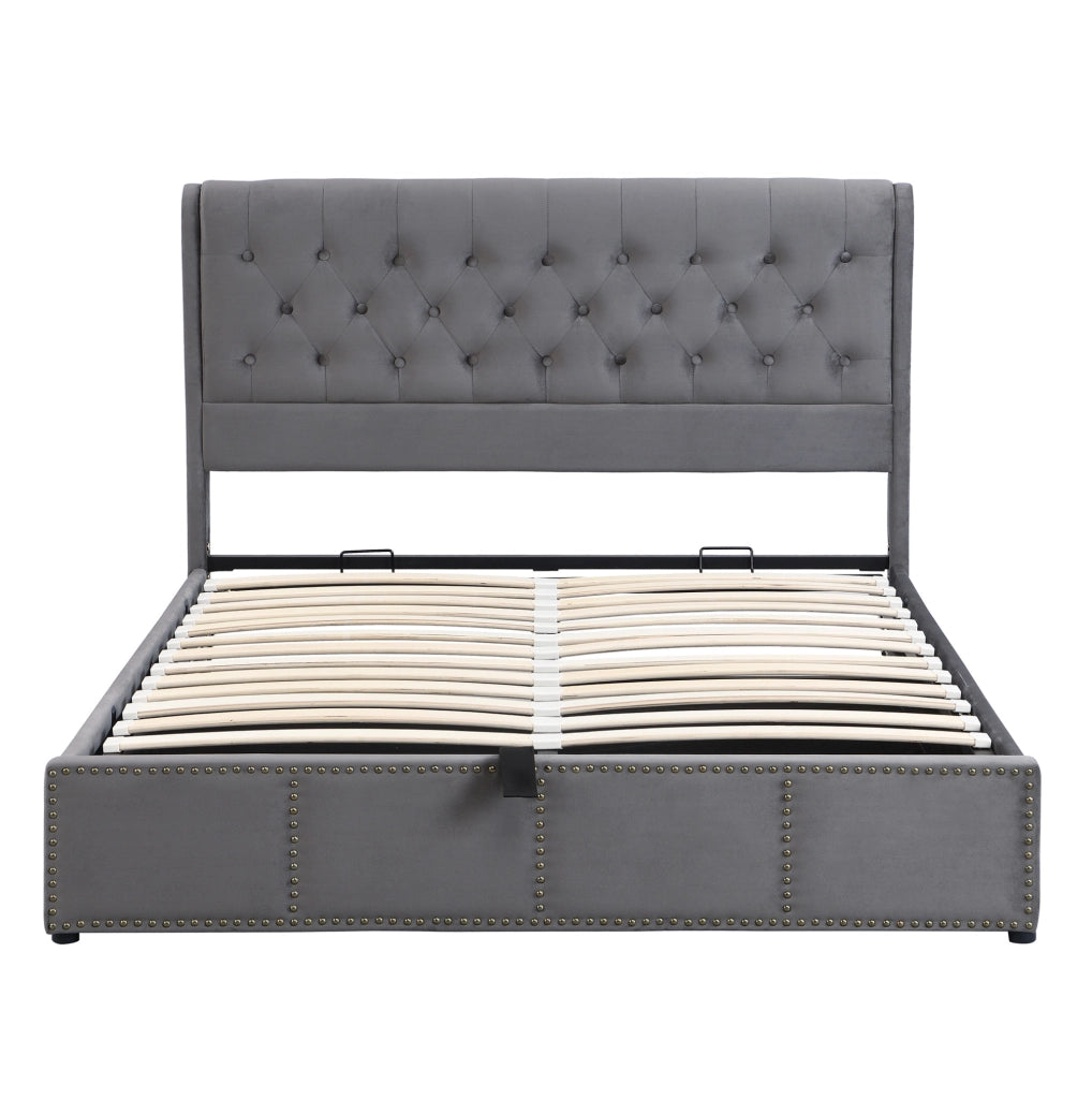 Letto matrimoniale 140x190 cm in velluto grigio con contenitore e testiera imbottita