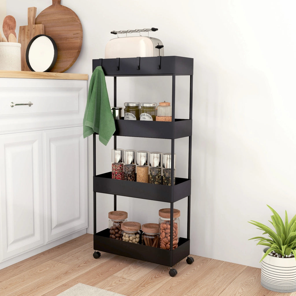 Carrello da Cucina 4 Ripiani ¨C Xylo ¨C con Ruote e 4 Cestini Estraibili Nero 40x19x90 cm