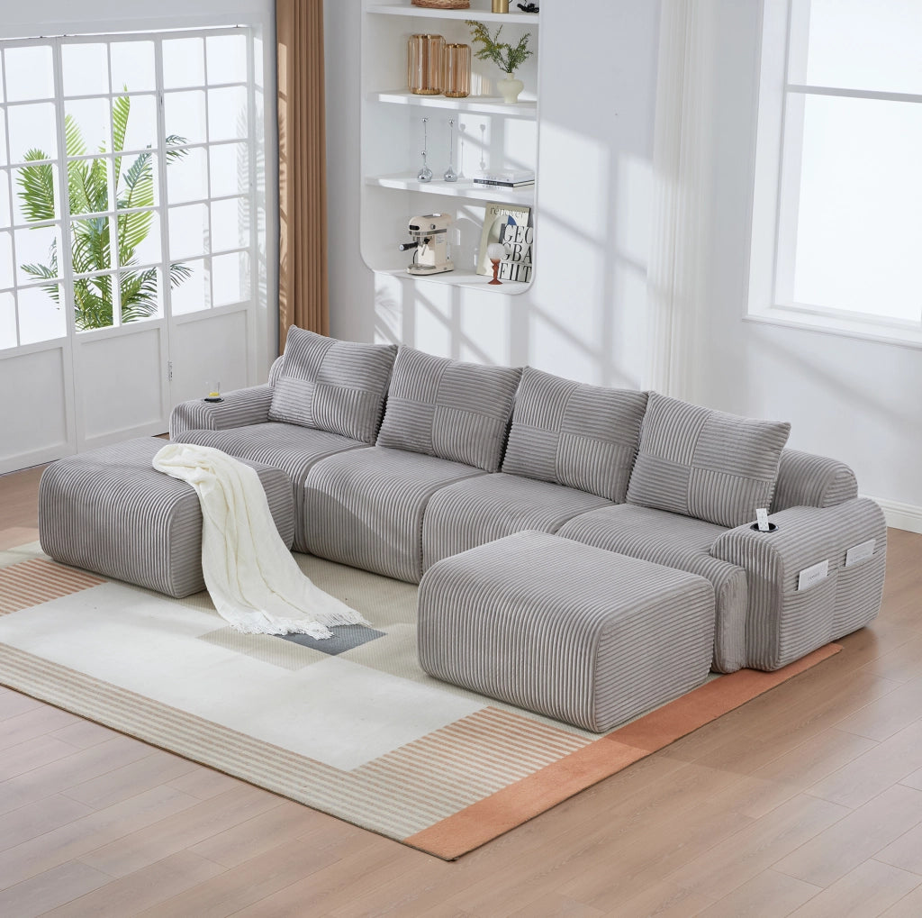 Divano modulare 4 posti in tessuto corduroy; con portabicchiere e tasca laterale; grigio chiaro
