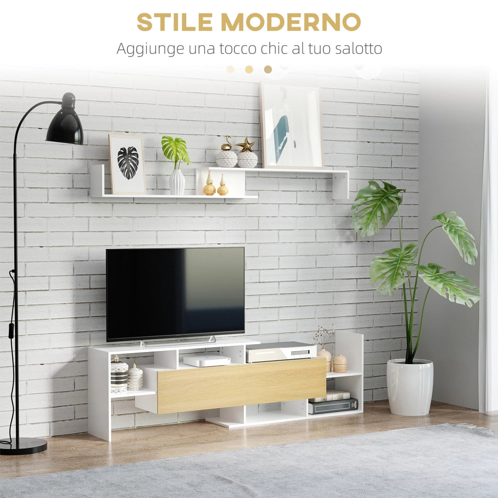 Mobile TV Ripiani e Armadietto a Ribalta con Mensola a Muro 153,6x25x42 cm Bianco e Legno Naturale