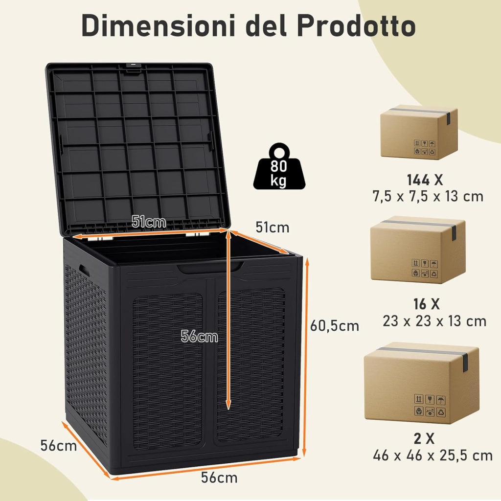 Baule da Esterno 145 L, Cassapanca Contenitore Impermeabile con Effetto Rattan, Coperchio Bloccabile e Maniglie, per Giardino, Patio e Piscina, 56 x 56 x 60,5 cm (Nero)
