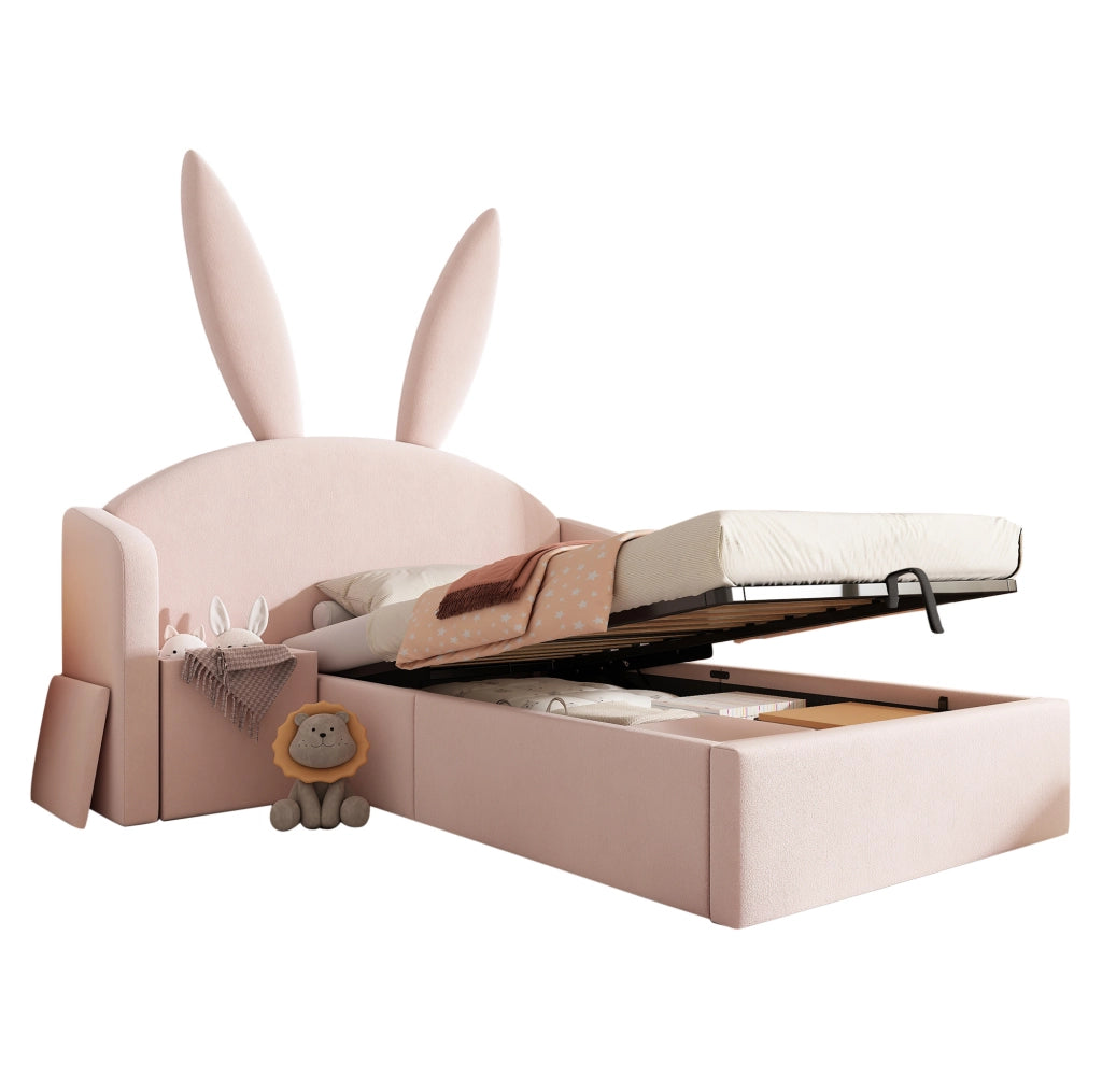 Letto 90x190 cm con contenitore e comodino in velluto rosa