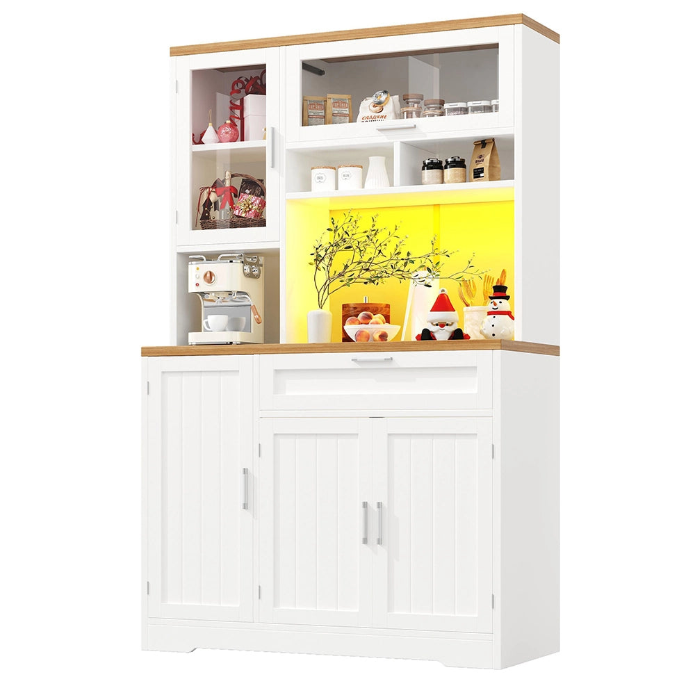 Armadio da cucina alto con vetrina - Xylo - 104x40x180 cm - Bianco/Nero - Illuminazione LED per cucina e soggiorno
