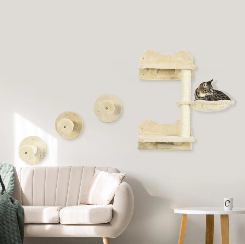 Set parete per gatti ULEVR 4 pezzi con 3 gradini, tiragraffi con amaca e piattaforma, beige