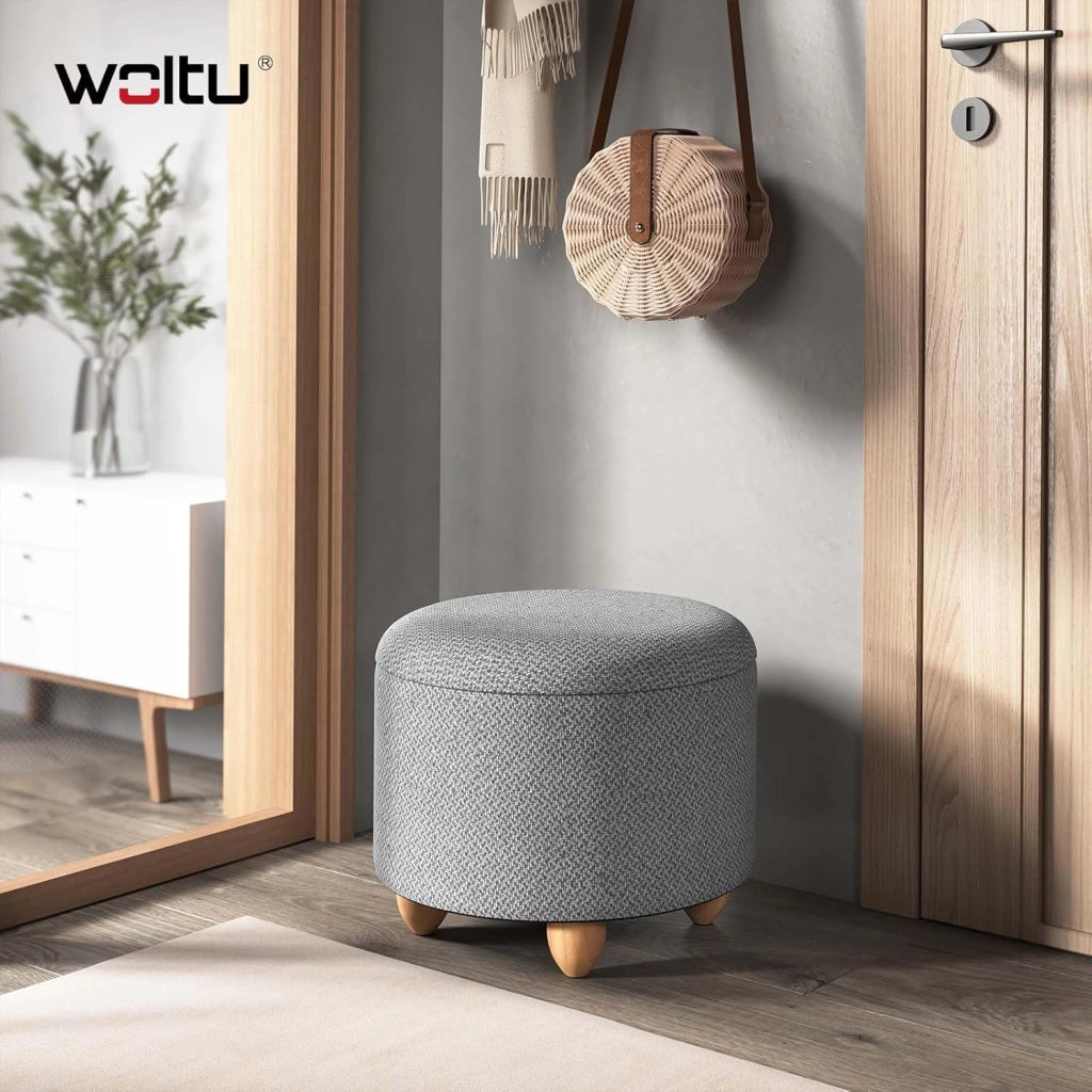 Pouf Contenitore con Coperchio, Pouf Poggiapiedi in Lino Grosso, Sgabello Tondo Salvaspazio con Gambe in Legno di Pino per Soggiorno, Corriodio, Camera, Ø 39x33 cm, Grigio Chiaro