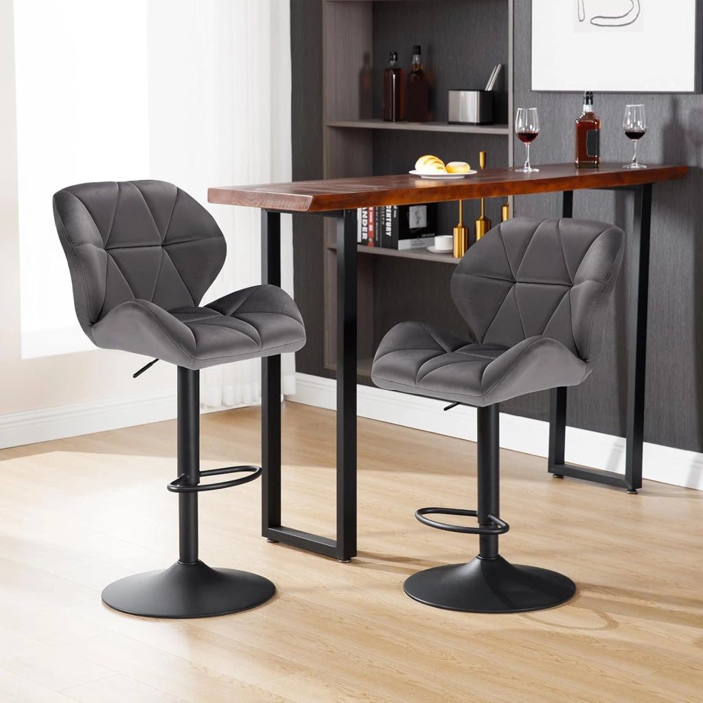 1X Sgabello da Bar con Schienale Sedia Imbottita Regolabile in Altezza Lift Gas Tessuto Velluto Grigio Scuro BH139dgr-1