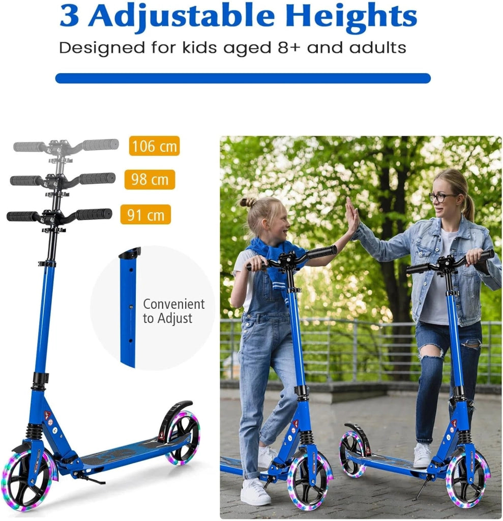 Monopattino da bambino con 2 ruote, LED e freno, skateboard pieghevole, 3 altezze regolabili, scooter in alluminio con cavalletto e cintura, carico 100 kg, bambini 8 anni