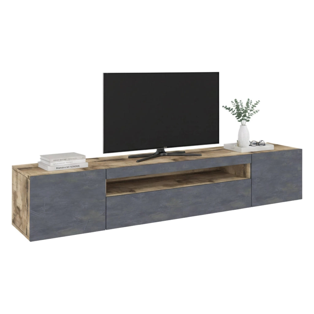 Mobile da soggiorno Porta Amore, Made in Italy, Supporto per Amore da salotto a 3 ante e ripiani, cm 200x40h37, Acero e Ardesia