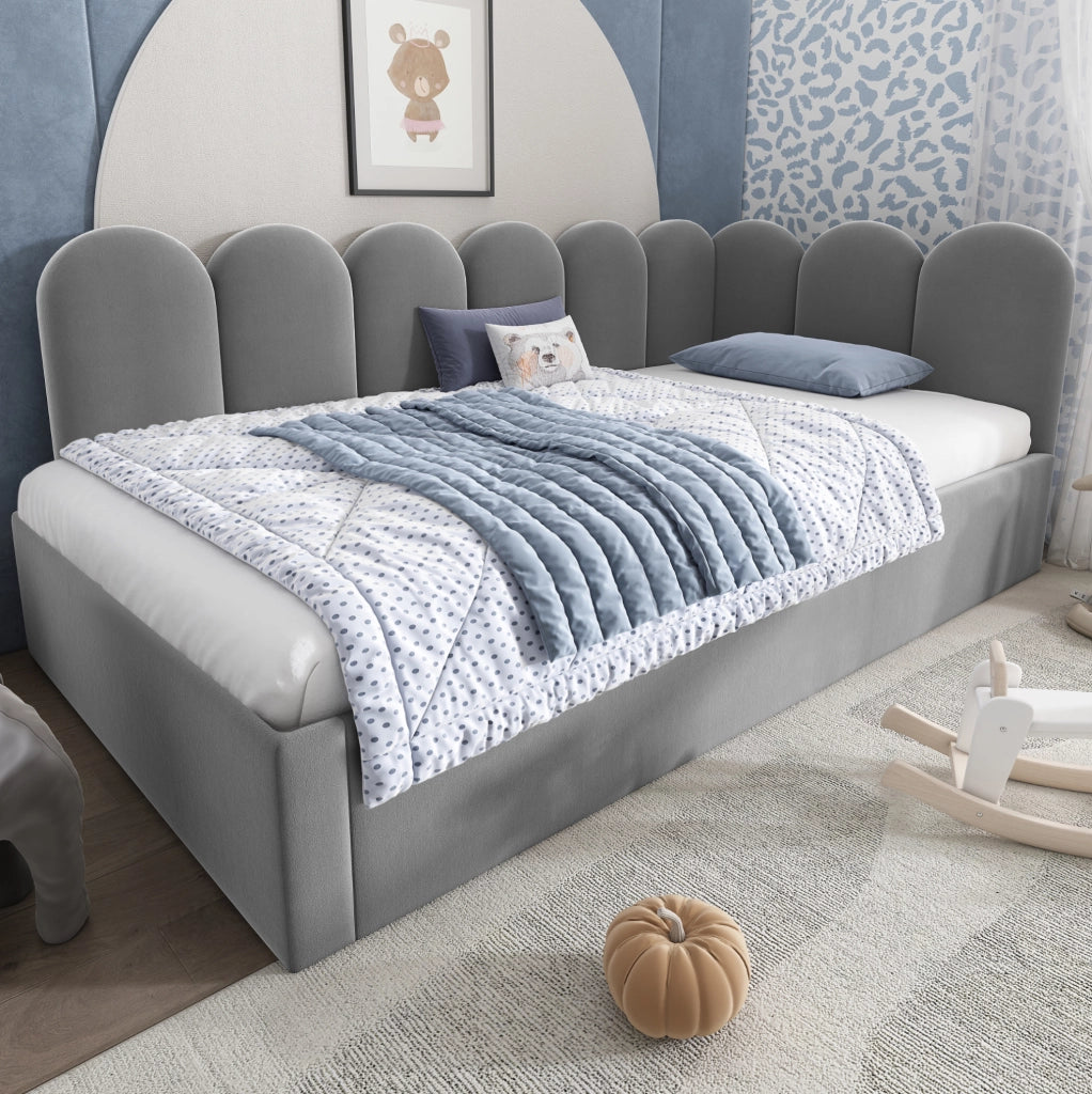 Letto da giorno imbottito con letto estraibile 90x200 cm in velluto grigio